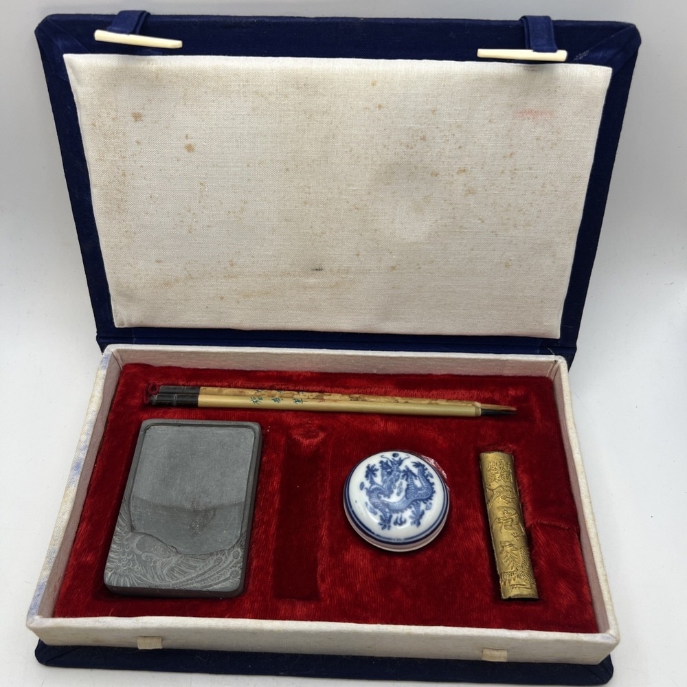 Vintage Calligraphy Set in Padded Box Japanese Shodo Chinese Ink Brushes Seal